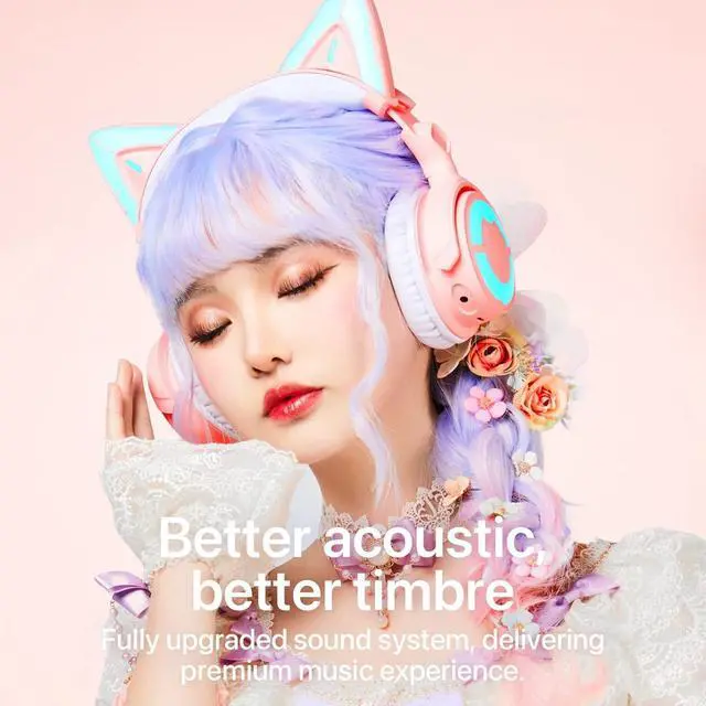 Alt view image 4 of 7 - YOWU Cat Ear Headphones 4, Wireless & Wired Gaming Headset with Microphone for PC/PS4/PS5/XBOX/Switch -Noise Reduction, Customizable Lighting and Effect via APP (Pink)