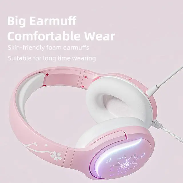 Alt view image 3 of 7 - Pink RGB LED Gaming Extra Large Mouse Pad 14 Modes Glow Pad Sakura Gaming Headset 360° Rotation Mic RGB Gradient Light Effect