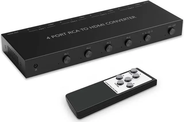 Alt view image 3 of 7 - 4 Port RCA to HDMI Converter 1080P/720P RCA Composite CVBS AV Switch to HDMI Converter Adapter Support 4:3/16:9 Switch for Sega Xbox PS1 PS2 PS3 N64 NGC SNES WII VHS VCR Camera DVD(With Remote