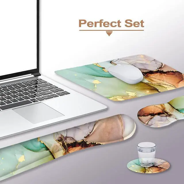Alt view image 4 of 7 - Ergonomic Wrist Rest + Mouse Pad + Keyboard Wrist Support + Coaster, Memory Foam Mousepad Non-Slip Rubber Base Durable Comfortable 4pcs for Easy Typing Pain Relief, Abstract Art Marble