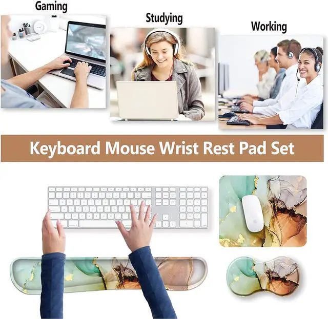 Alt view image 5 of 7 - Ergonomic Wrist Rest + Mouse Pad + Keyboard Wrist Support + Coaster, Memory Foam Mousepad Non-Slip Rubber Base Durable Comfortable 4pcs for Easy Typing Pain Relief, Abstract Art Marble