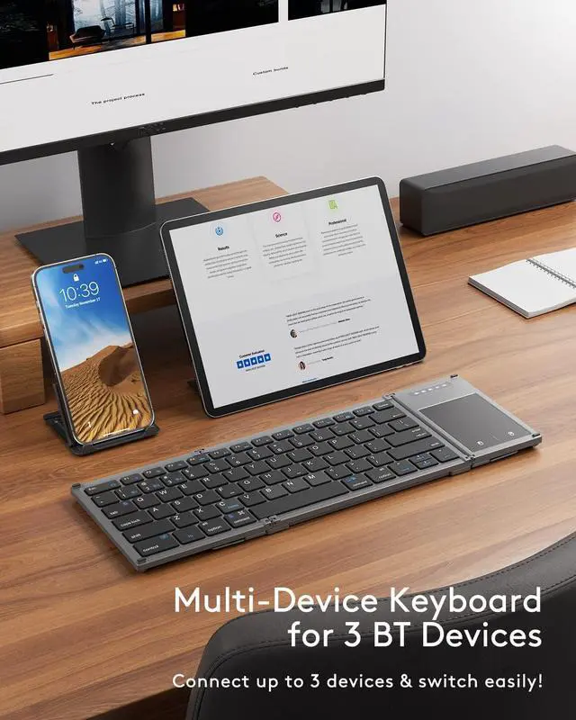 Alt view image 2 of 7 - Samsers Foldable Bluetooth Keyboard with Touchpad, Full-Size Wireless Folding Holder, Rechargeable Portable Travel for iOS Android Windows Mac OS, Support 3 Devices (BT5.1 x 3)