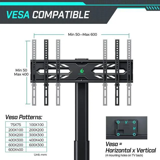 Alt view image 7 of 7 - Greenstell TV Stand with Power Outlet, Universal Floor TV Stand for 32-70 inch TVs, Height Adjustable, Swivel Tall TV Stand with Wood Base, Holds up to 110 LBs, Max VESA 600x400mm