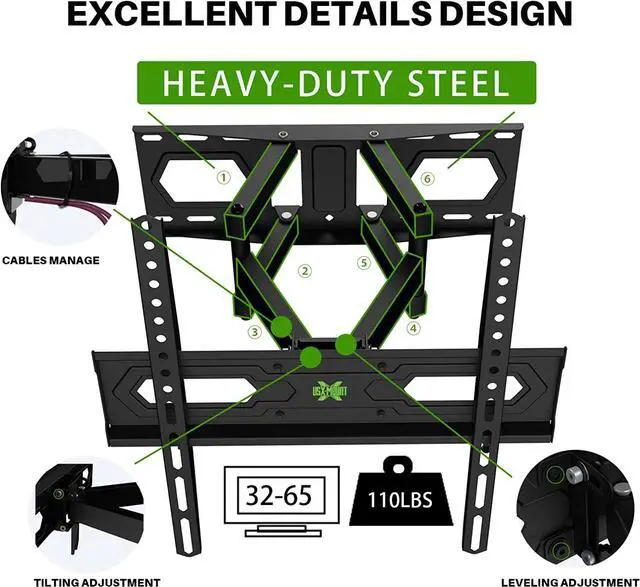 Alt view image 4 of 7 - USX MOUNT Full Motion TV Wall Mount for Most 32-70 inch Flat Screen/LED/4K TVs, Swivel/Tilt TV Mount Bracket with Articulating Dual Arms, Max VESA 400x400mm, Max Load 110lbs, for 16" Wood Stud