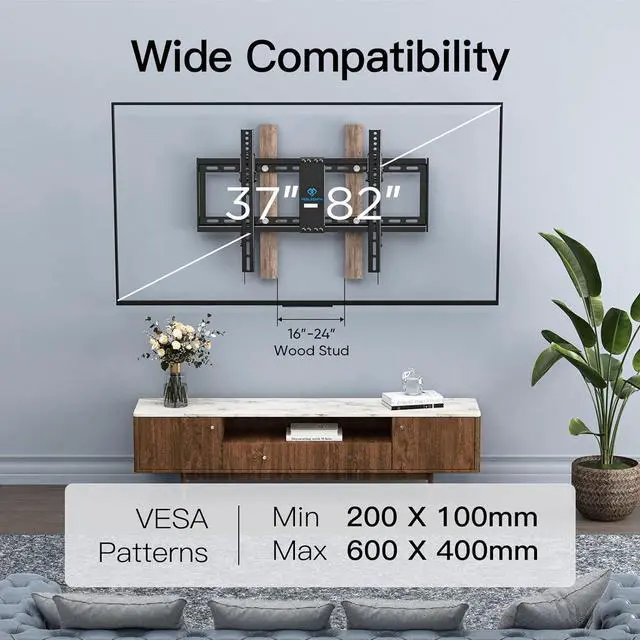 Alt view image 2 of 7 - PERLESMITH UL Listed TV Mount for Most 37-82 inch TV, Universal Tilt TV Wall Mount Fits 16- 24 Wood Stud with Loading 132 lbs & Max VESA 600x400mm, Low Profile Flat Wall Mount Bracket PSLTK1