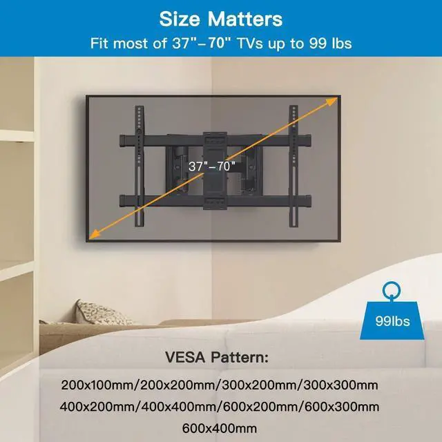 Alt view image 3 of 7 - Corner TV Wall Mount Full Motion, Corner TV Bracket Fits 37-70 Inch LED, LCD 4K Flat Curved Screen TVs Hold up to 99 lbs Max VESA 600x400 Tilt, Swivel and Level