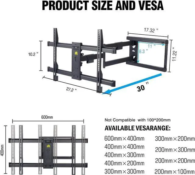 Alt view image 2 of 7 - FORGING MOUNT Long Arm TV Mount for Most 37-75 Inch TVs, 30 Inch Long Extension Arm Corner TV Wall Mount, Full Motion Wall Mount Swivel, Tilt, Articulating Bracket Max VESA 600x400mm up to 99lbs