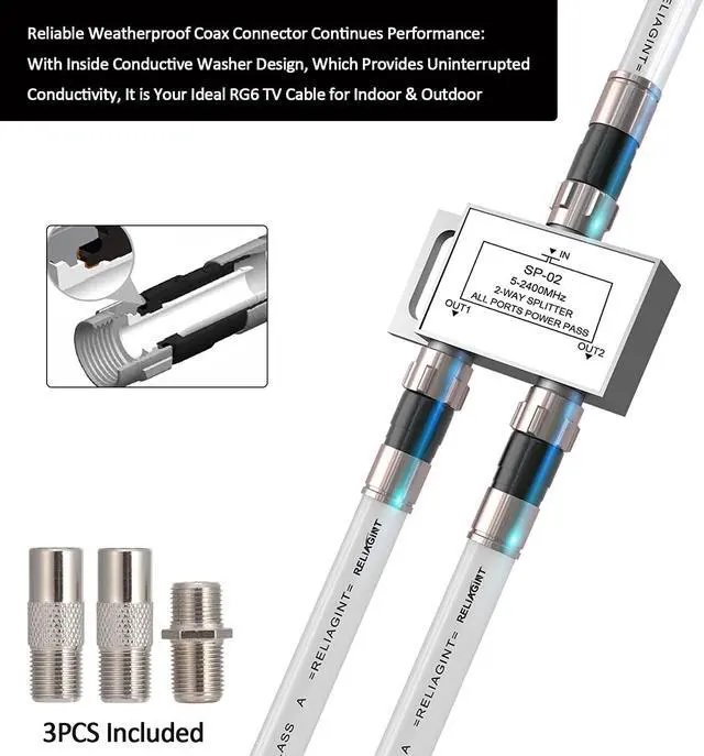 Alt view image 3 of 6 - RELIAGINT 25ft, RG6 White Coaxial Cable with F Pin Connector, F81 Double Female Extension Adapter, Low Loss High Speed Coax Cable Cord Extender for HD TV, Dish,Satellite, Antenna, TV Cable 25'