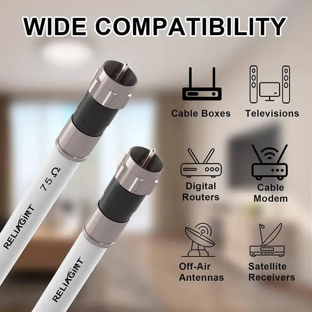 Alt view image 6 of 6 - RELIAGINT 25ft, RG6 White Coaxial Cable with F Pin Connector, F81 Double Female Extension Adapter, Low Loss High Speed Coax Cable Cord Extender for HD TV, Dish,Satellite, Antenna, TV Cable 25'