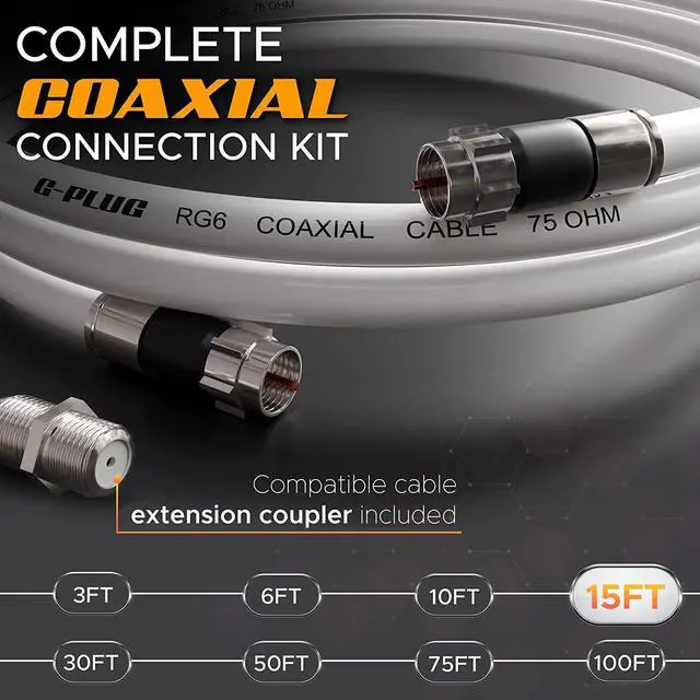 Alt view image 2 of 7 - G-PLUG 15FT RG6 Coaxial Cable Connectors Set  High-Speed Internet, Broadband and Digital TV Aerial, Satellite Cable Extension  Weather-Sealed Double Rubber O-Ring and Compression Connectors White