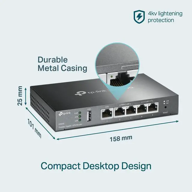 Alt view image 6 of 6 - TP-Link ER605 V2 Wired Gigabit VPN Router, Up to 3 WAN Ethernet Ports + 1 USB WAN, SPI Firewall SMB Router, Omada SDN Integrated, Load Balance, Lightning Protection