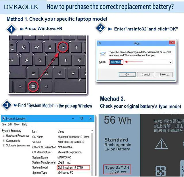 Alt view image 6 of 7 - DMKAOLLK 56WH 33YDH Laptop Battery for Dell Inspiron 17 7000 7778 7779 7786 7773 15 7577 G3 3579 3779 G5 5587 G7 7588 Latitude 13 3380 14 3490 15 3590 3580 PVHT1 P30E 81PF3 081PF3-12 Months Warranty