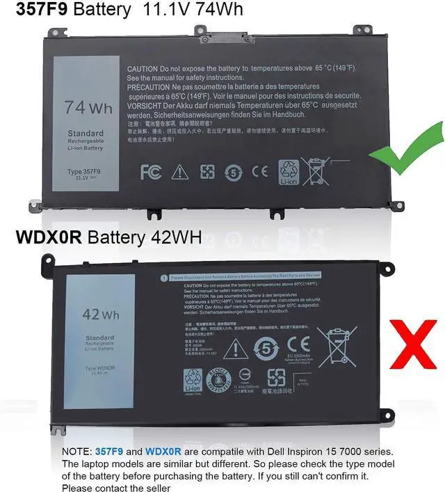 Alt view image 5 of 7 - 74WH 357F9 Laptop Battery for Dell Inspiron 15 7000 Gaming 15 7559 7557 5576 5577 7566 7567 7759 INS15PD Series P65F P57F 071JF4 0GFJ6 0357F9 11.1V