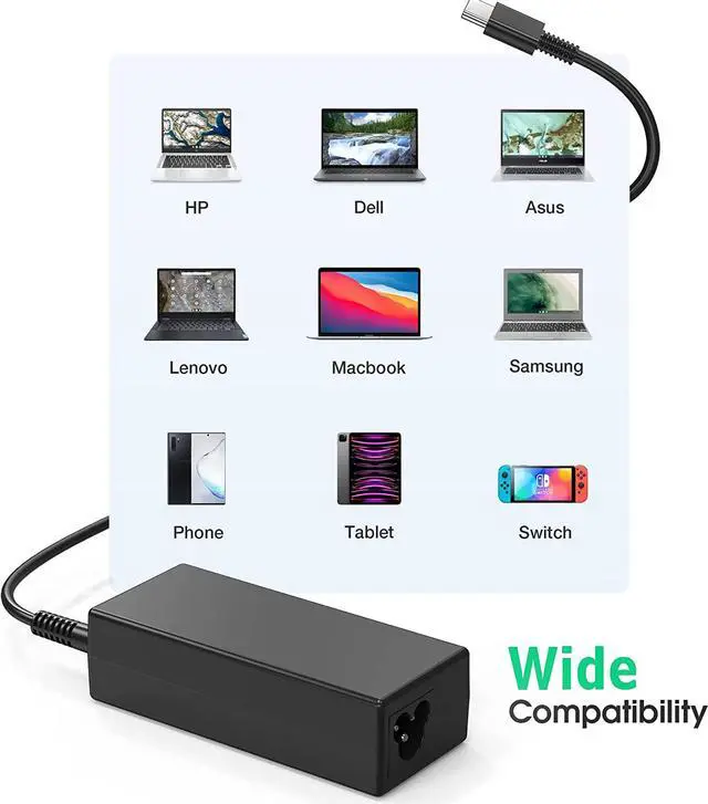 Alt view image 2 of 7 - USB C Laptop Charger 65W Chromebook Charger Compatible with HP      Google Chromebook Fast Charger Type C