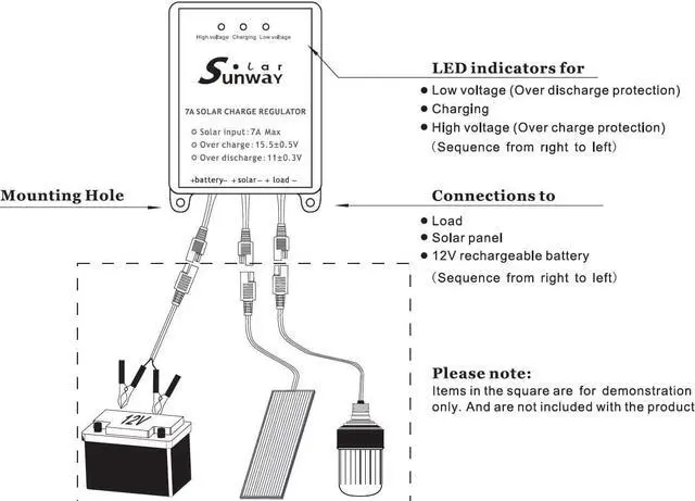 Alt view image 4 of 6 - Sunway Solar Panels Charge Controller 12V Battery Regulator 7A for Safe Protection of 12Volt Solar Power Battery Charger, Solar Trickle Charger & Maintainer and Solar Powered System Kit
