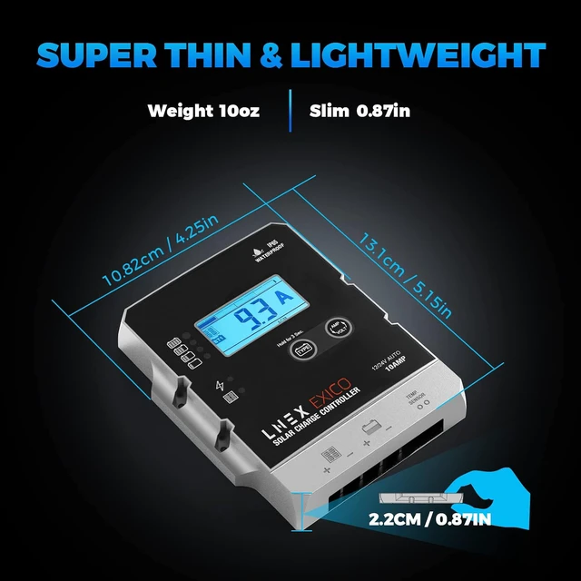 Alt view image 4 of 7 - Solar Charge Controller Waterproof, 10A Super Thin Panel Battery Intelligent Regulator With LCD Display 12V/24V PWM Controller for LiFePO4, AGM, Gel, Flooded and Lithium Battery