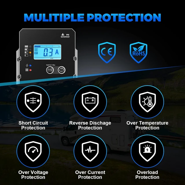 Alt view image 6 of 7 - Solar Charge Controller Waterproof, 10A Super Thin Panel Battery Intelligent Regulator With LCD Display 12V/24V PWM Controller for LiFePO4, AGM, Gel, Flooded and Lithium Battery