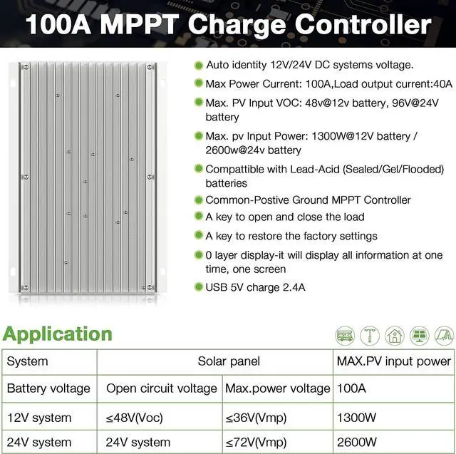 Alt view image 2 of 7 - MPPT Charge Controller 100 amp 12V/24V Auto, 100A Solar Panel Charge Regulator with Blacklight LCD Display Max 100V for Lead-Acid Sealed Gel AGM Flooded Lithium Battery