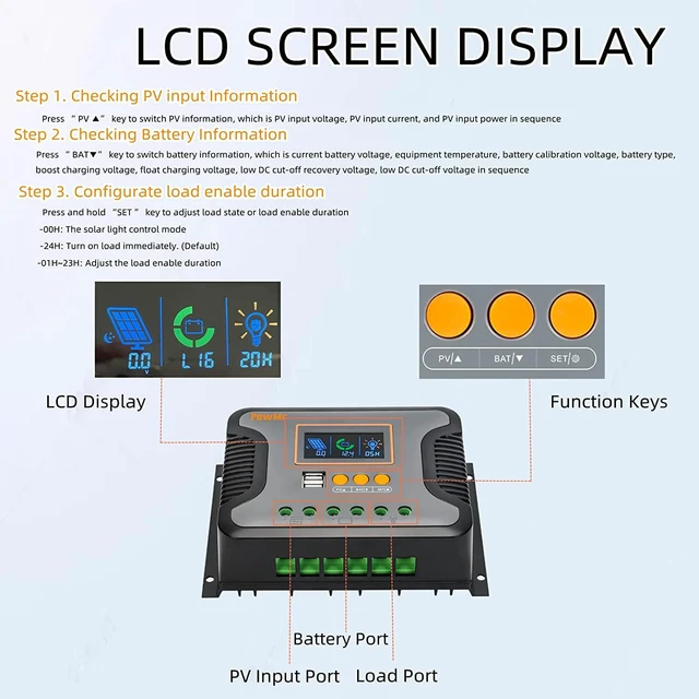Alt view image 4 of 6 - 80A PWM Solar Charge Controller, 12V-48V Auto with Dual USB & LCD for AGM, Gel, Flooded & Lithium