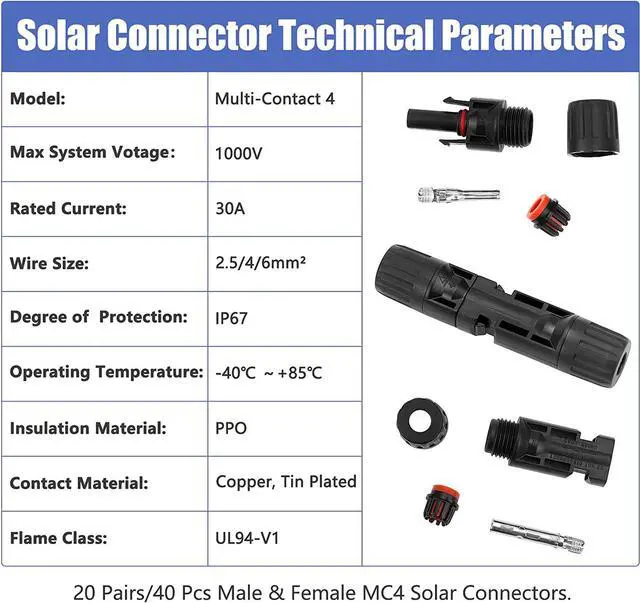 Alt view image 6 of 7 - 40PCS (20Pairs) Solar Panel Connectors, Male/Female Multi-Contact 4 Solar Connectors, IP67 1000V 30A Waterproof Solar Panel Cable Connectors (2 Pack Wrench Included)