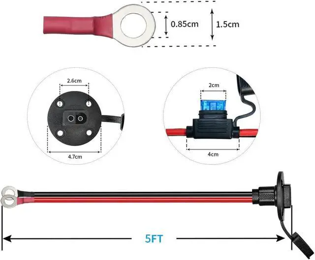 Alt view image 5 of 6 - ELFCULB SAE Power Socket Sidewall Port to O Ring 12AWG 5FT for RVs | SAE sidewall port to ring cable with tinned copper wire and four fuses for RV battery access and solar charging.