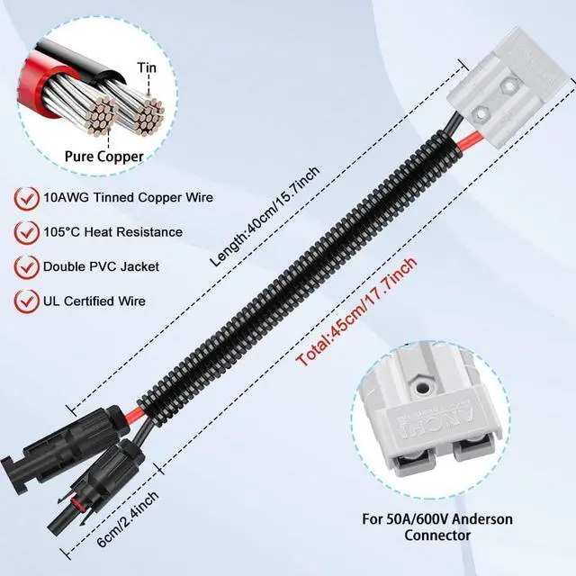 Alt view image 5 of 7 - Electop 10AWG Solar Panel Connector Cable, Compatible with Solar Connecter and 50A/600V Ads Port Adapter Solar Connector Cable for Solar Generator Inverter Battery Pack Charger Kit