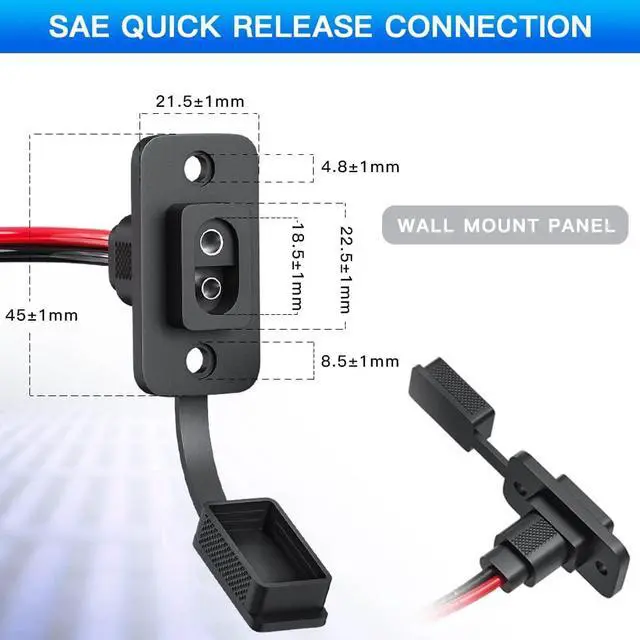 Alt view image 2 of 7 - SAE Connector, ELECTOP Rectangular SAE Power Socket Sidewall Port, Weatherproof SAE Quick Connect Solar Panel Flush Mount Plug Outlet, 12AWG SAE Cable for Solar Generator Battery Charger (2 Pack)
