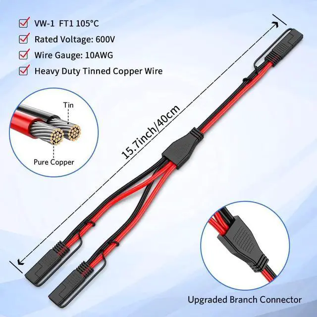 Alt view image 2 of 7 - ELECTOP 10AWG SAE Y Splitter Cable SAE Quick Disconnect Connector, 1 to 2 SAE to SAE Extension Cable 2-Way Wire Splitter, SAE DC Power Automotive Adapter Cable SAE Plug for Solar Panel Battery Charger