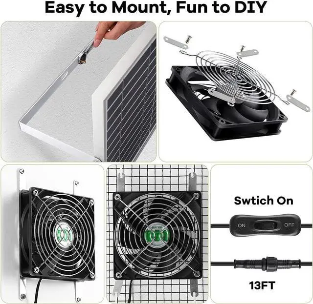Alt view image 5 of 7 - Solar Powered Fan, Solar Fan for Shed, Chicken Coop, Greenhouse, Outside with Two IPX7 Waterproof 5In Fans 13Ft On/Off Switch Cable Exhaust Intake Mounting Way and Installation Kits