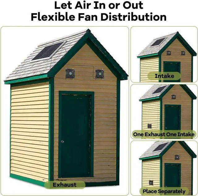 Alt view image 6 of 7 - Solar Powered Fan, Solar Fan for Shed, Chicken Coop, Greenhouse, Outside with Two IPX7 Waterproof 5In Fans 13Ft On/Off Switch Cable Exhaust Intake Mounting Way and Installation Kits