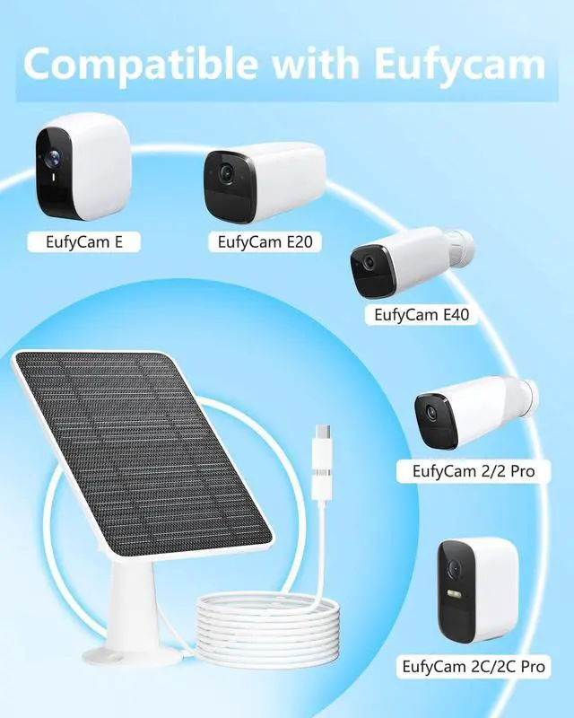 Alt view image 3 of 7 - Solar Panel for Security Camera, 5W Solar Panel Charger Compatible with Eufycam 3/3C/2/2 Pro/2C/2C Pro/E/E20/E40/L20/L40/Solo/SoloCam Spotlight, Micro USB&USB-C Port IP65 Waterproof 10ft Cable, 2 Pack