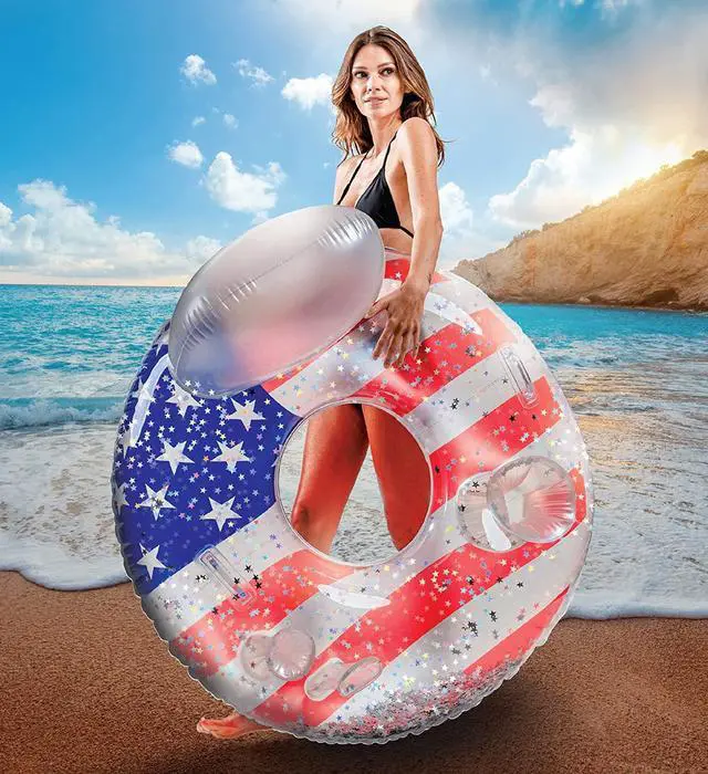 Alt view image 2 of 7 - POZA Inflatable USA Pool Float - Luxurious Fun Lounger Filled with Sparkle Silver Stars Confetti, Cool USA Flag Design Water Swimming Pool Floaties for Beach, Lake & Pool