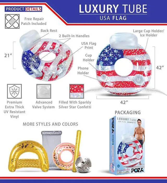 Alt view image 3 of 7 - POZA Inflatable USA Pool Float - Luxurious Fun Lounger Filled with Sparkle Silver Stars Confetti, Cool USA Flag Design Water Swimming Pool Floaties for Beach, Lake & Pool