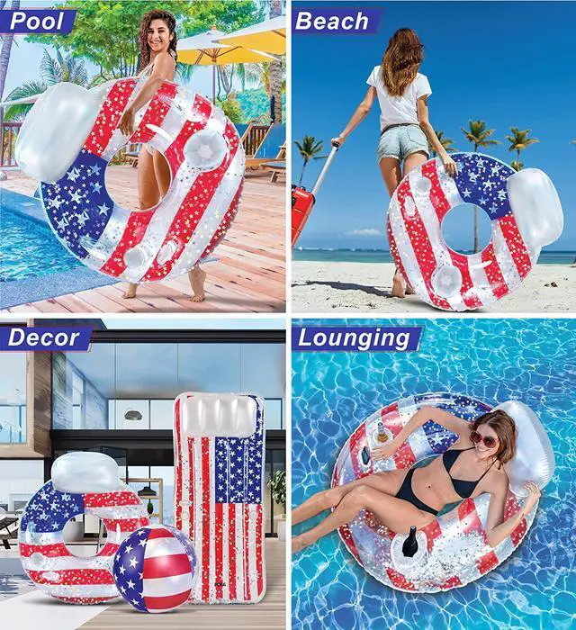 Alt view image 4 of 7 - POZA Inflatable USA Pool Float - Luxurious Fun Lounger Filled with Sparkle Silver Stars Confetti, Cool USA Flag Design Water Swimming Pool Floaties for Beach, Lake & Pool