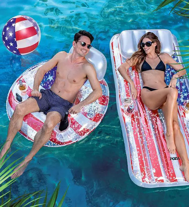 Alt view image 5 of 7 - POZA Inflatable USA Pool Float - Luxurious Fun Lounger Filled with Sparkle Silver Stars Confetti, Cool USA Flag Design Water Swimming Pool Floaties for Beach, Lake & Pool
