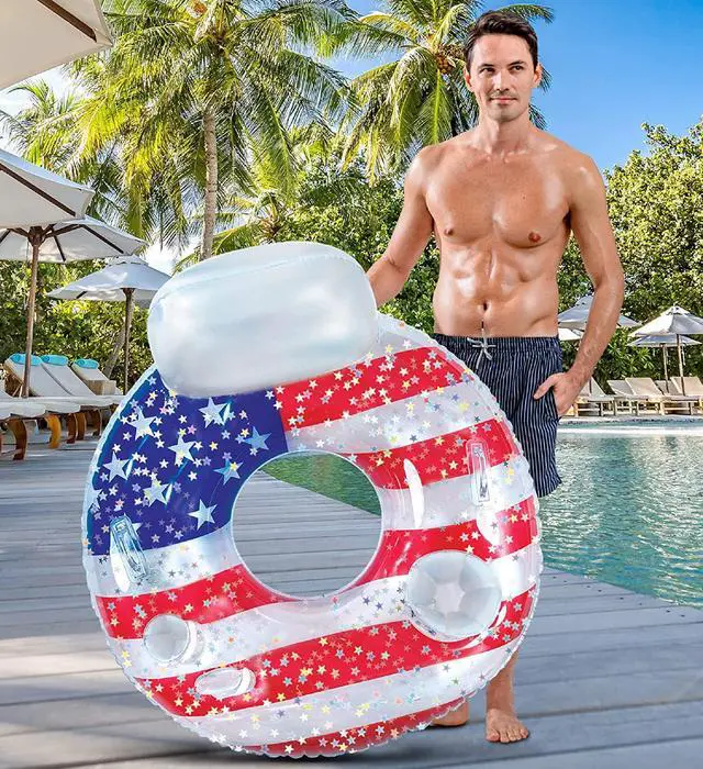 Alt view image 6 of 7 - POZA Inflatable USA Pool Float - Luxurious Fun Lounger Filled with Sparkle Silver Stars Confetti, Cool USA Flag Design Water Swimming Pool Floaties for Beach, Lake & Pool