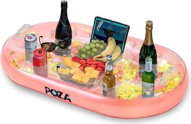 Main image of POZA Inflatable Gold Floating Cooler - Luxurious Drink Holder Filled with Sparkly Confetti, Premium Party Float with 8 Holders, Serving Bar for Beach, Lake, Hot Tub, Jacuzzi and Pool - 39x23 Inches