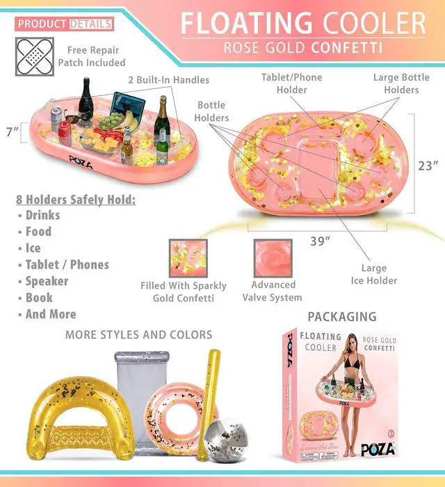 Alt view image 3 of 7 - POZA Inflatable Gold Floating Cooler - Luxurious Drink Holder Filled with Sparkly Confetti, Premium Party Float with 8 Holders, Serving Bar for Beach, Lake, Hot Tub, Jacuzzi and Pool - 39x23 Inches