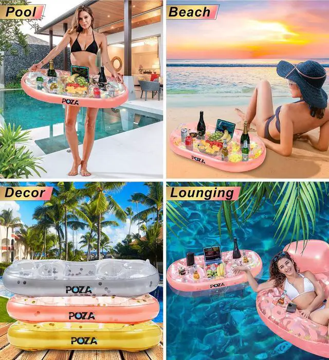 Alt view image 4 of 7 - POZA Inflatable Gold Floating Cooler - Luxurious Drink Holder Filled with Sparkly Confetti, Premium Party Float with 8 Holders, Serving Bar for Beach, Lake, Hot Tub, Jacuzzi and Pool - 39x23 Inches