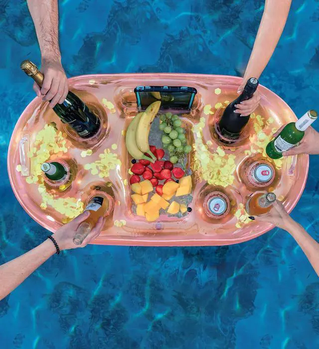 Alt view image 5 of 7 - POZA Inflatable Gold Floating Cooler - Luxurious Drink Holder Filled with Sparkly Confetti, Premium Party Float with 8 Holders, Serving Bar for Beach, Lake, Hot Tub, Jacuzzi and Pool - 39x23 Inches