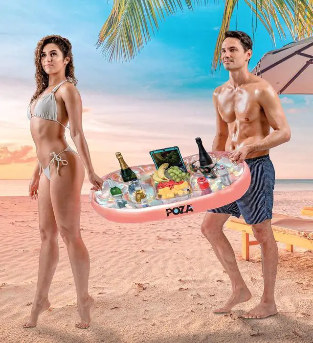 Alt view image 6 of 7 - POZA Inflatable Gold Floating Cooler - Luxurious Drink Holder Filled with Sparkly Confetti, Premium Party Float with 8 Holders, Serving Bar for Beach, Lake, Hot Tub, Jacuzzi and Pool - 39x23 Inches
