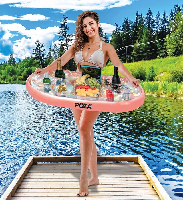 Alt view image 7 of 7 - POZA Inflatable Gold Floating Cooler - Luxurious Drink Holder Filled with Sparkly Confetti, Premium Party Float with 8 Holders, Serving Bar for Beach, Lake, Hot Tub, Jacuzzi and Pool - 39x23 Inches
