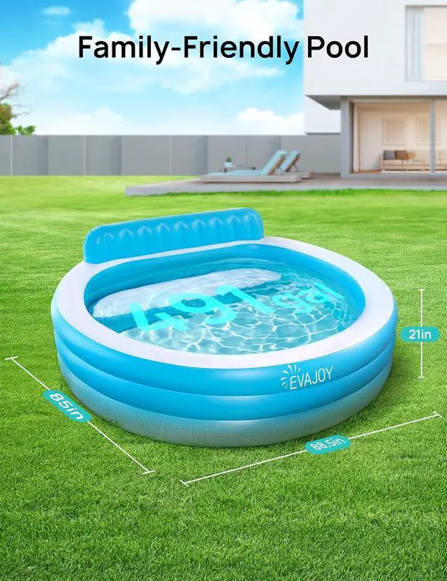 Alt view image 3 of 3 - Evajoy Inflatable Pool, Full-Sized Inflatable Swimming Family Pool with Seats, 88"x85"X30" Above Ground Blow Up Pool with Backrest Bench for Backyard Kiddie Pool, Age 3+