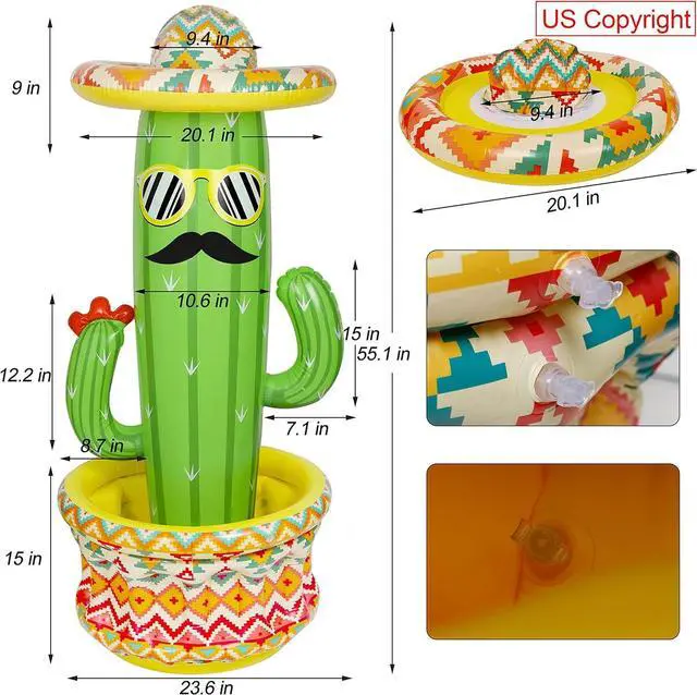 Alt view image 2 of 7 - Triumpeek Inflatable Cactus Cooler, 55" Fiesta Cactus Ice Bucket Wearing Sombreros for Summer Swimming Pool Hawaiian Themed Party Supplies