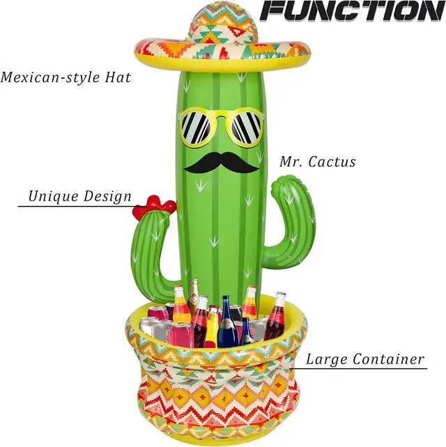Alt view image 3 of 7 - Triumpeek Inflatable Cactus Cooler, 55" Fiesta Cactus Ice Bucket Wearing Sombreros for Summer Swimming Pool Hawaiian Themed Party Supplies