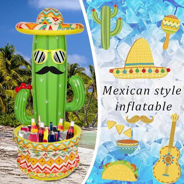 Alt view image 4 of 7 - Triumpeek Inflatable Cactus Cooler, 55" Fiesta Cactus Ice Bucket Wearing Sombreros for Summer Swimming Pool Hawaiian Themed Party Supplies