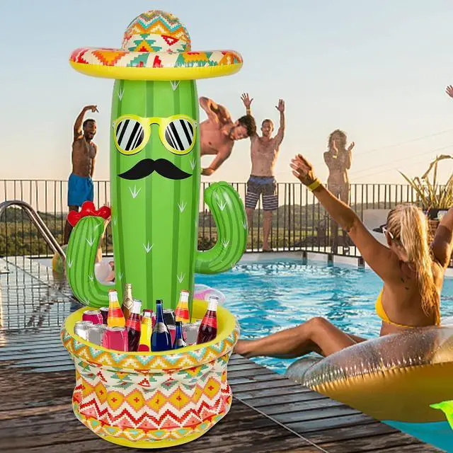 Alt view image 5 of 7 - Triumpeek Inflatable Cactus Cooler, 55" Fiesta Cactus Ice Bucket Wearing Sombreros for Summer Swimming Pool Hawaiian Themed Party Supplies