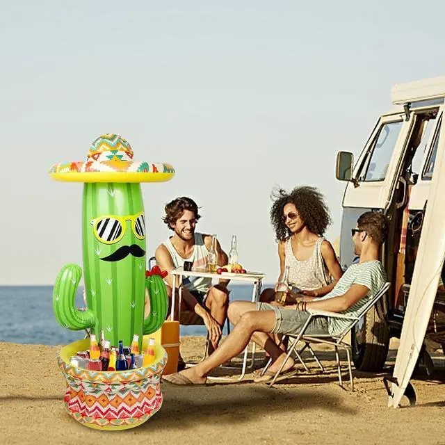 Alt view image 7 of 7 - Triumpeek Inflatable Cactus Cooler, 55" Fiesta Cactus Ice Bucket Wearing Sombreros for Summer Swimming Pool Hawaiian Themed Party Supplies