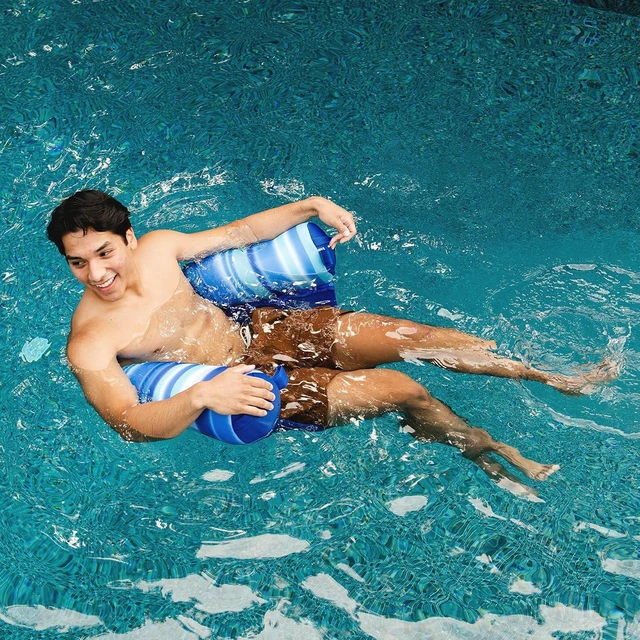 Alt view image 4 of 6 - Big Joe Noodle Sling No Inflation Needed Pool Seat with Armrests, Blurred Blue Double Sided Mesh, Quick Draining Fabric, 3 feet