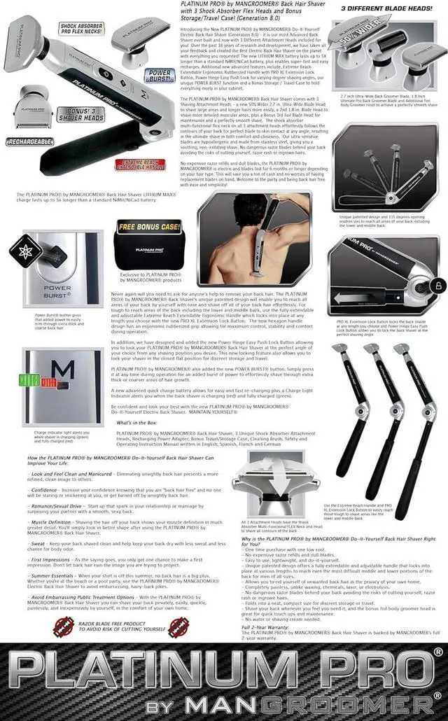 Alt view image 3 of 7 - MANGROOMER - PLATINUM PRO New Back Shaver with 3 Shock Absorber Flex Heads, Power Hinge, Extreme Reach Handle & Bonus Case! (Generation 8.0), 4 Piece Set